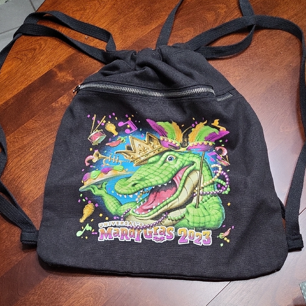 Black Drawstring Backpack with Colorful Mardi Gras Design